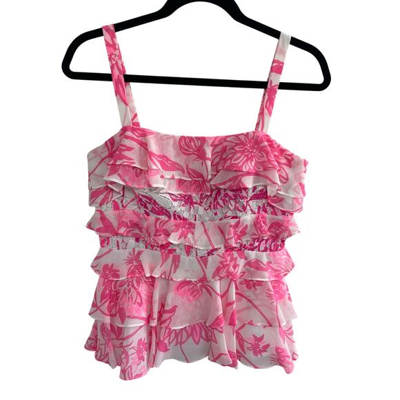 Lilly Pulitzer Olive Tank Top Resort White Caliente Pink Ruffle Floral Print 6 - Picture 1 of 9